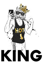 Tiger in the crown. A guy with a sports body in a T-shirt. Vector illustration for a postcard or a poster, print for clothes.