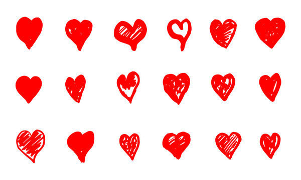 Set of hand drawn red grunge hearts. Vector illustration.