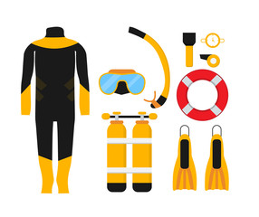 Diving equipment set. Collection of