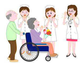 車椅子の高齢者の患者が病院を退院するのを見送る看護師と医者