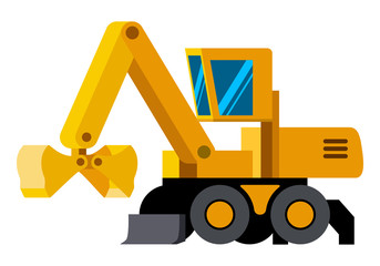 Clamshell bucket wheeled excavator minimalistic icon isolated. Construction equipment isolated vector. Heavy equipment vehicle. Color icon illustration on white background.