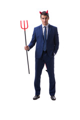 Evil devil businessman with pitchfork isolated on white backgrou