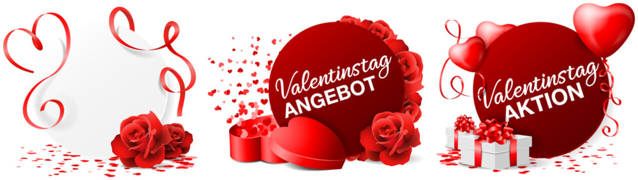 Valentinstag Button Set mit Konfetti, Herz Luftballons und Geschenken