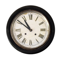 Vintage and old wall clock isolate on white. clipping path for object, retro technology