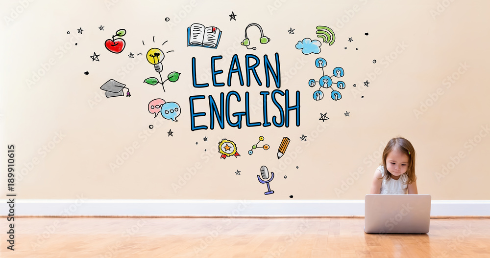 Poster learn english text with little girl using a laptop computer on floor