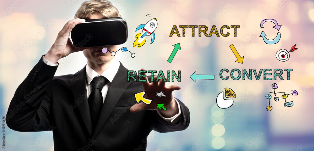 Aufkleber attract convert retain text with businessman using a virtual reality headset