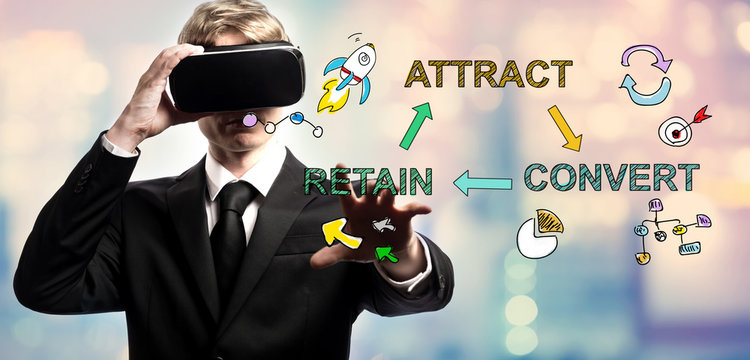 Attract Convert Retain text with businessman using a virtual reality headset