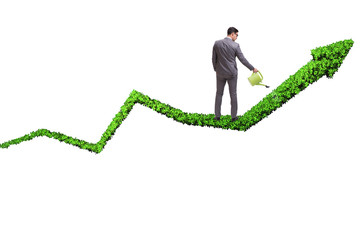 Businessman in investment concept watering financial line chart