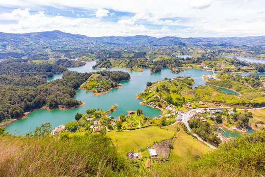 aerial view artificial lake Penol Guatape panorama on a sunny day