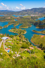 aerial view of the artificial lake of the Penol and the village of Guatape