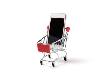 Smart phone in shopping cart on white background,concept buying smart phone