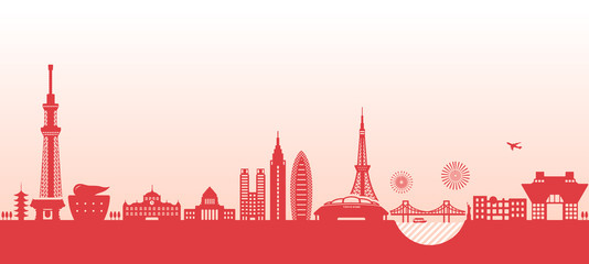 Naklejka premium Tokio gród ilustracja. słynny budynek, architektura. / kolor czerwony