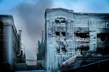 Vintage Chicago industrial warehouse factory turned into an ice palace after a fire.