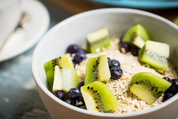 Breakfast table with various food. Selective focus.
