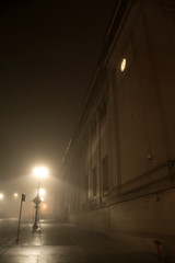 A foggy urban city night at Chicago's Union Station