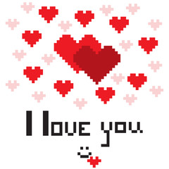 Obraz premium An illustration in the form of a pixelated hearts with the inscription I love you and smiley