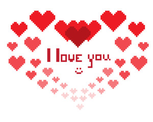 An illustration in the form of a pixelated hearts with the inscription I love you and smiley