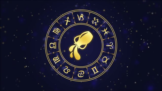 Zodiac sign Aquarius and horoscope wheel on the dark blue background