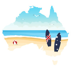 Contour of Australia with ocean, beach and surfboards isolated on a white background. Day of Australia.