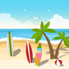 Fototapeta na wymiar Sunny seascape with palm trees and surfboards.
