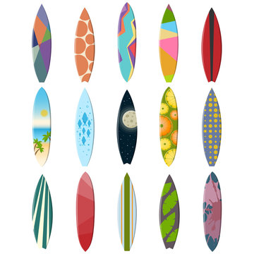 Collection of multicolored surfboards on a white background.