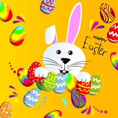 White rabbit, Happy Easter text and Easter eggs. Vector cartoon character illustration.