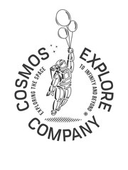 Cosmos exploration illustration black on white depicting a spaceman with balloons