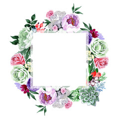 Bouquet flower wreath in a watercolor style. Full name of the plant: rose, hulthemia, rosa. Aquarelle wild flower for background, texture, wrapper pattern, frame or border.