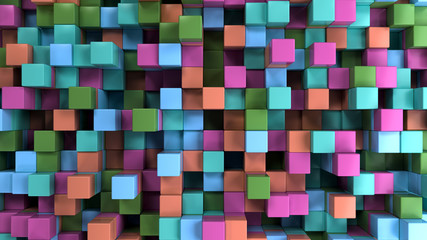 Wall of blue, green, orange and purple cubes