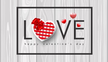 Valentine's day, red heart with red bow in a black frame on a wooden background, realistic vector illustration