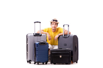 Happy young man going on summer vacation isolated on white
