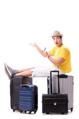 Happy young man going on summer vacation isolated on white
