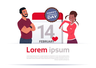 Man And Woman Over Calendar Day With 14 February Day Happy Valentines Holiday Template Banner Flat Vector Illustration