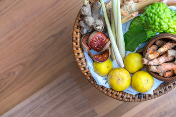 Herb thai spa using ginger, galangal, lemon, bael, lemon grass, bergamot, top view.