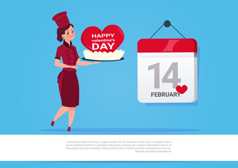 Female Cook Holding Cake For Happy Valentines Day Celebration 14 February Love Holiday Concept Flat Vector Illustration