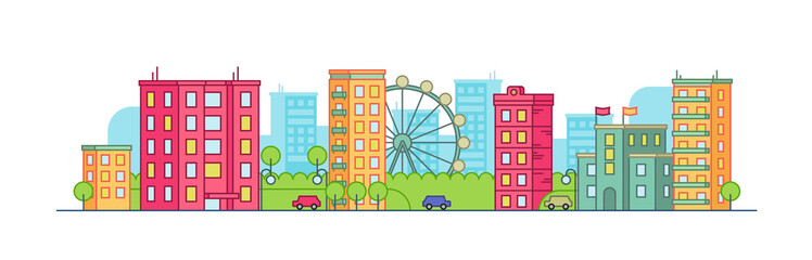 Color city landscape with the ferris wheel.