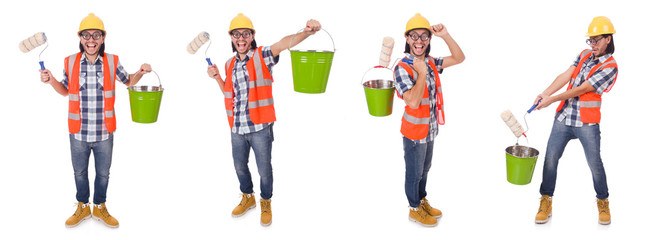Funny painter with painting accessories isolated on white
