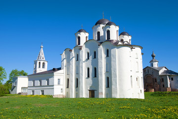 Saint Nicholas Cathedral (1113) on Yaroslav's Court on a sunny May day. Veliky Novgorod, Russia