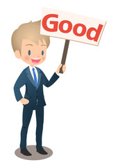 Goodの看板を持つスーツ姿の若い男性ビジネスマン
