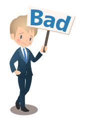 Badの看板を持つスーツ姿の若い男性ビジネスマン