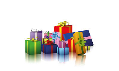Group coloured gifts on white background with reflection