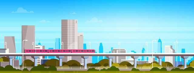 Fototapeta na wymiar Subway Train Over Modern City Panorama With High Skyscrapers, Cityscape Background Horizontal Banner Flat Vector Illustration
