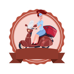 Woman Riding Retro Scooter Motorcycle Icon Isolated Template Logo Emblem In Vintage Style Flat Vector Illustration