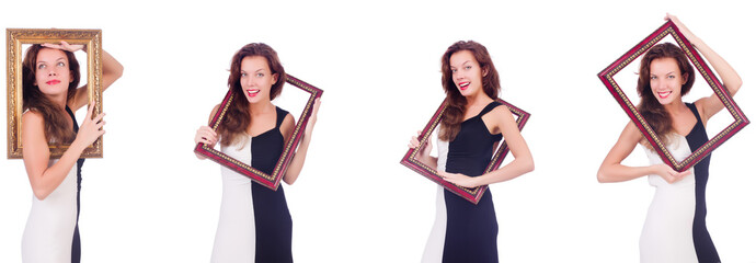 Woman with picture frame on white