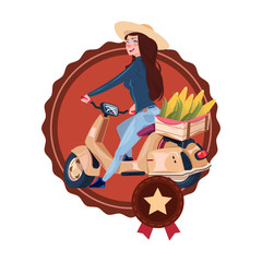 Woman Deliver Eco Food From Farm Riding Retro Scooter Delivery Icon Isolated Template Logo Flat Vector Illustration