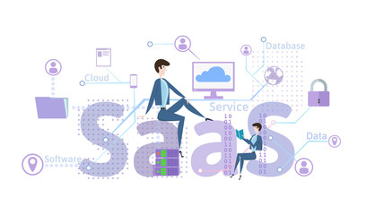 Concept of SaaS, software as a service. Cloud software on computers, mobile devices, codes, app server and database. Vector illustration in flat style, isolated on white background.