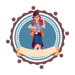 Woman Backpacker Travel With Rucksack Hiking Icon Template Isolated Flat Vector Illustration
