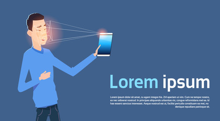 Asian Man Holding Modern Digital Tablet Biometrical Scanning Face Recognition Technology Concept Flat Vector Illustration