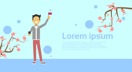Asian Male Holding Flag Over Copy Space Background With Sakura Cherry Blossom Flat Vector Illustration