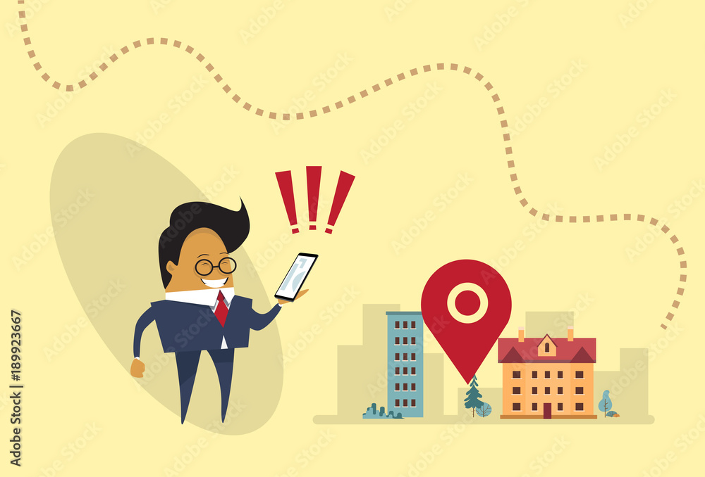 Poster asian business man using map navigation in cell smart phone gps application flat vector illustration